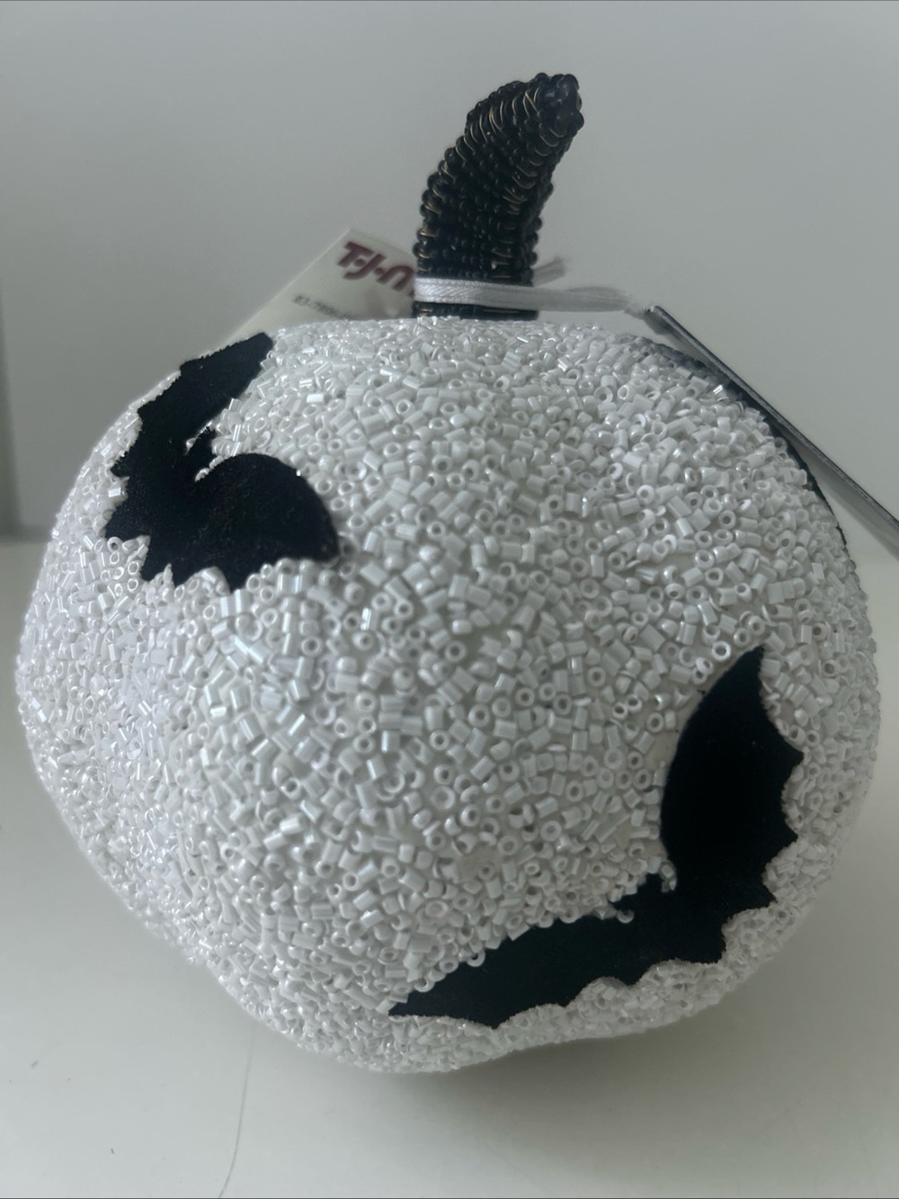 Halloween Beaded Pumpkin Home Office Decor w Faux Velvet Black Bats Silhouette